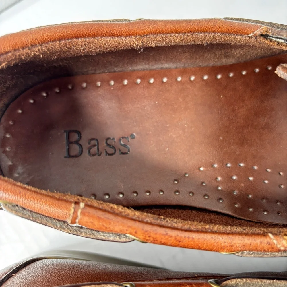 Bass Mens Seafarer Boat Shoe Size 9.5 Moc-Toe Brown Leather Rawhide Lace Preppy